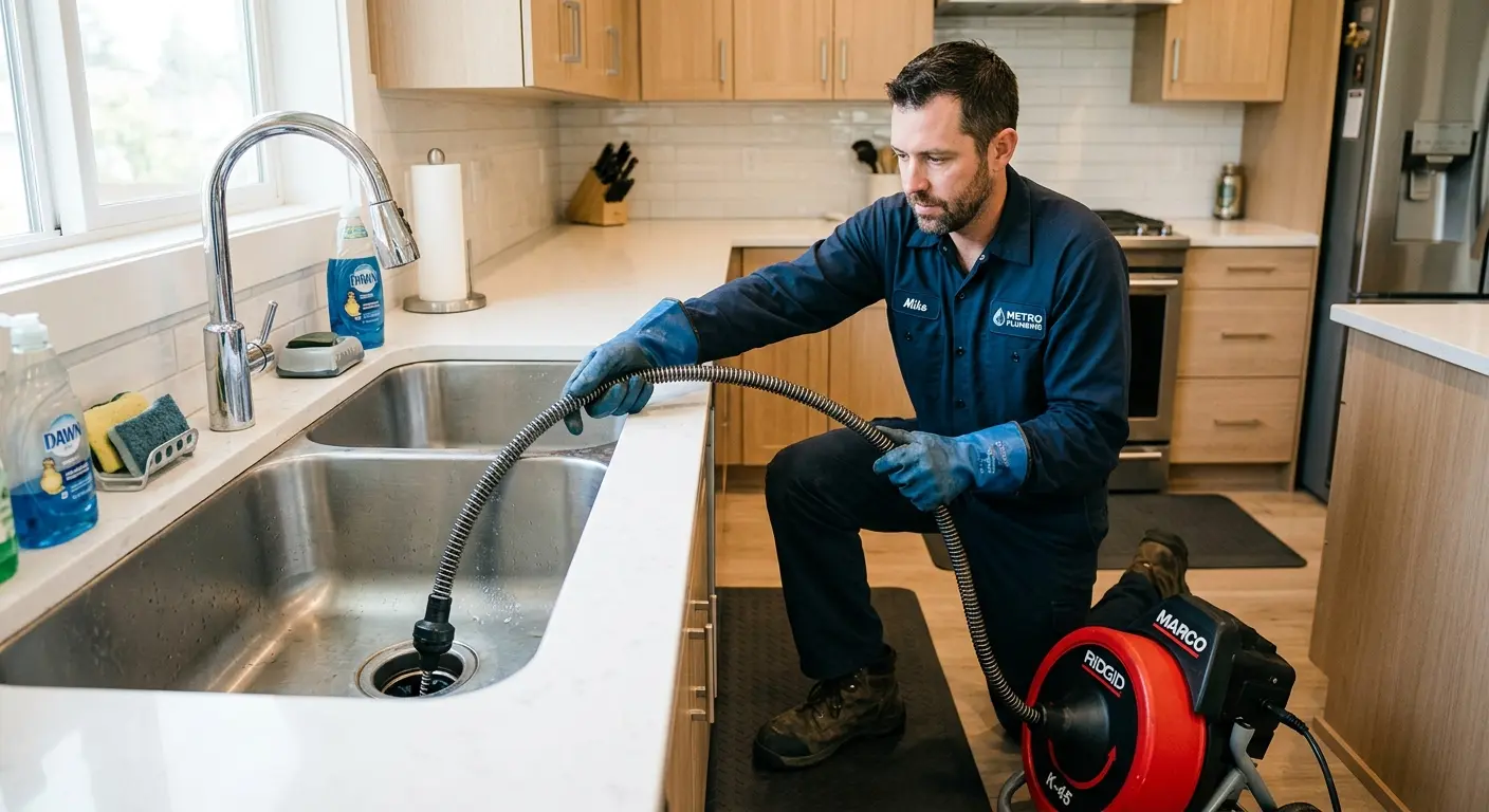Drain cleaning technician using a motorized snake on a kitchen sink in Miamisburg
