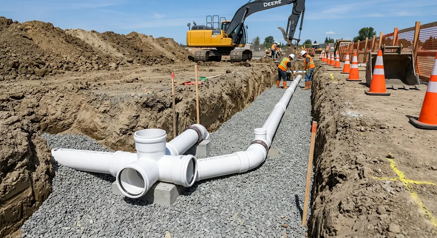 New PVC sewer pipe installation in open trench for Commercial Drain Cleaning in Miamisburg