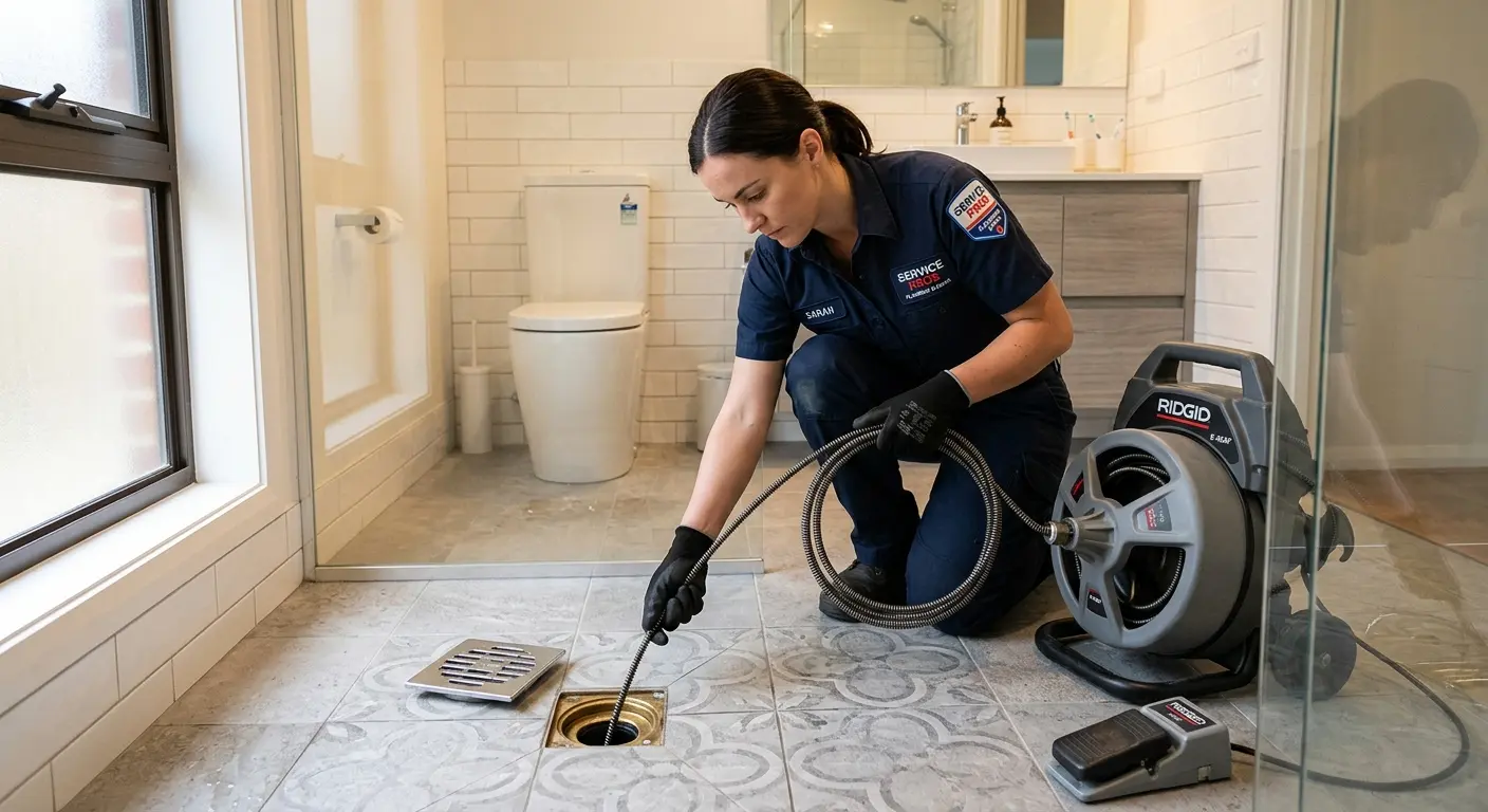 Technician clearing a bathroom floor drain for Hydro Jetting in Miamisburg